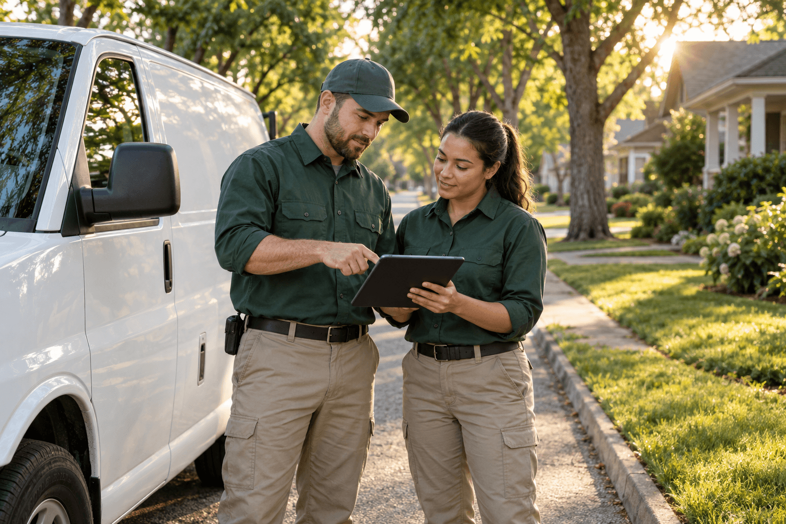Illustrative scene: Technicians planning a route beside a service van